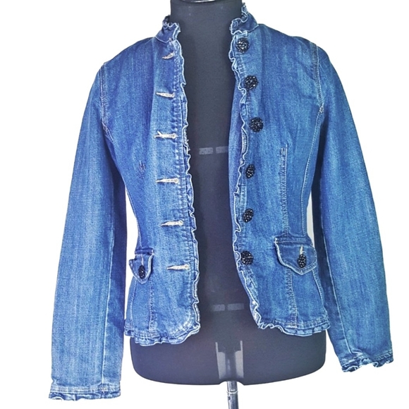 Dressbarn fitted jean jacket rhinestone buttons PM - Picture 1 of 5